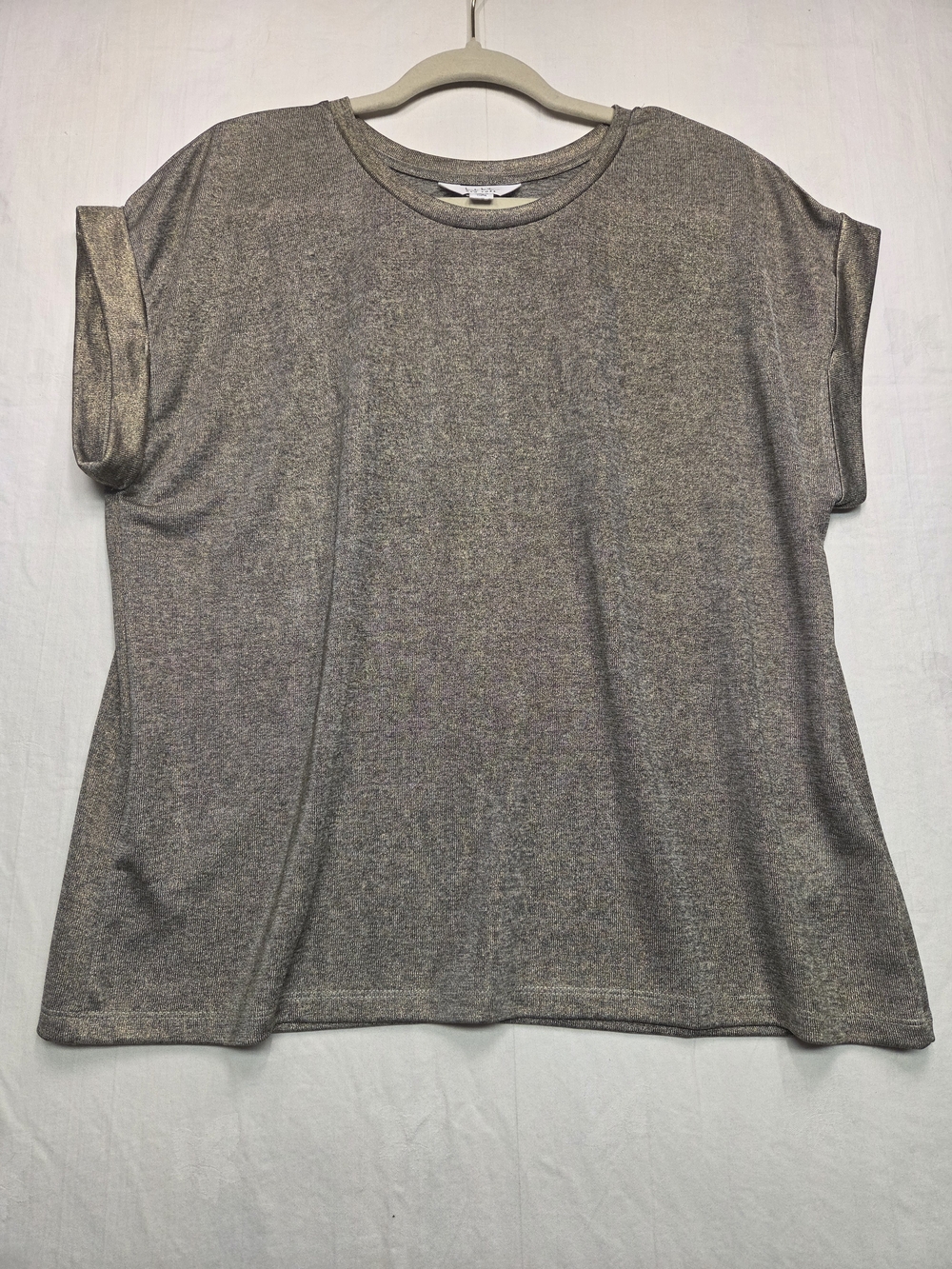 Nichole Miller Shimmery Gold Taupe Short Sleeve Crewneck Top. Size L.